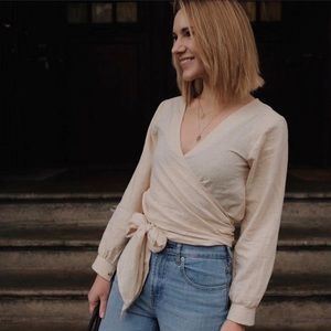 Wrap-Front Long-Sleeve Blouse in Cream